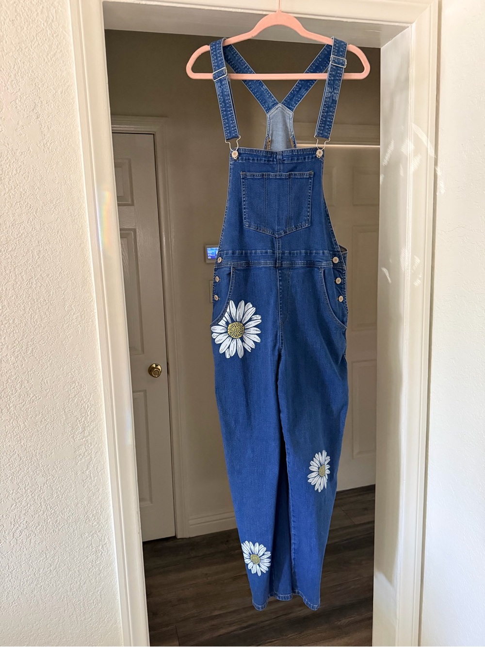 Blue Denim Overalls with Daisy Appliqués